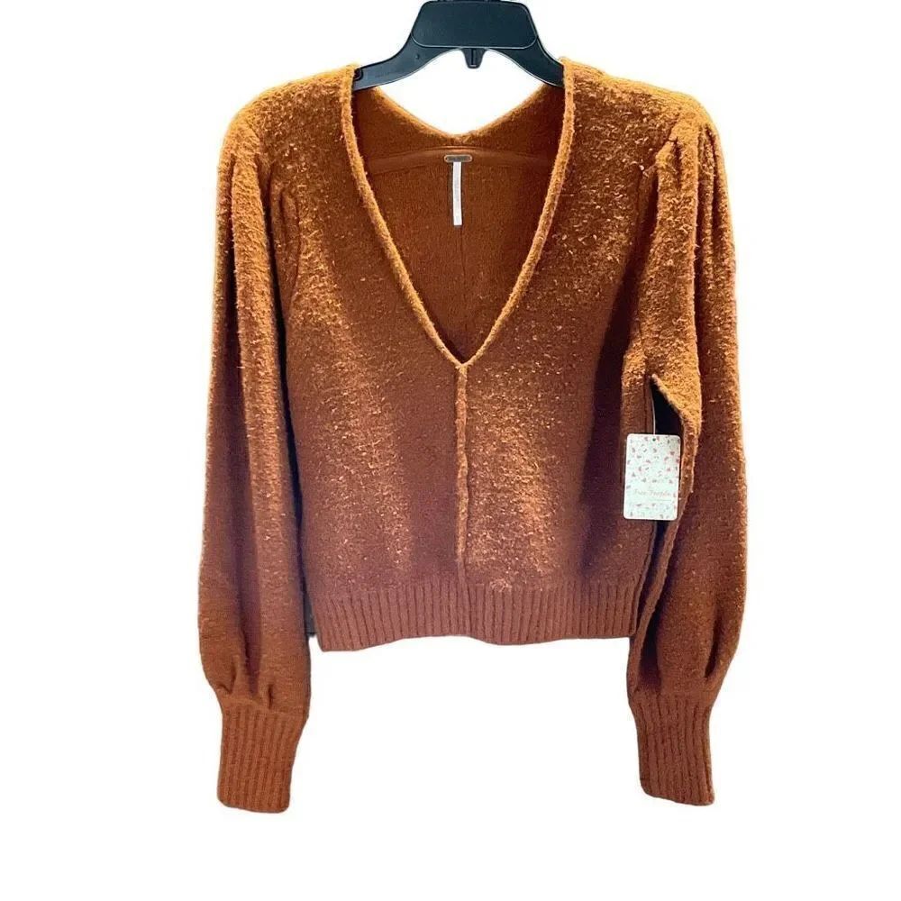 Free People Sweater Reverie Cropped V-Neck Burnt Butter Rust Brown Women XS - Picture 12 of 15